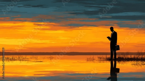 Silhouette of a businessman standing by the water, reading a document and holding a briefcase during a dramatic sunset with vivid sky reflection.