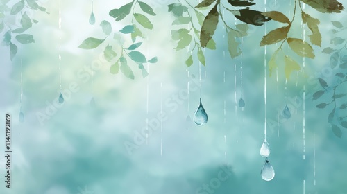 Tranquil rain scene featuring green leaves and glistening water droplets falling against a soft blue-green natural background.