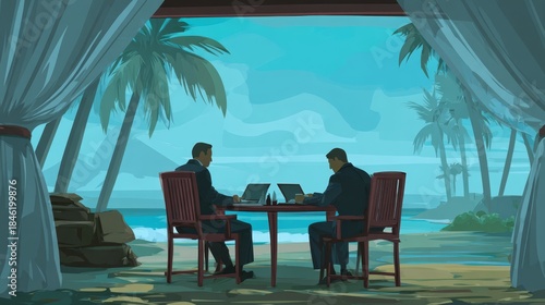Two businessmen working on laptops at a table on a tropical beach, depicted in a contemporary digital illustration style.