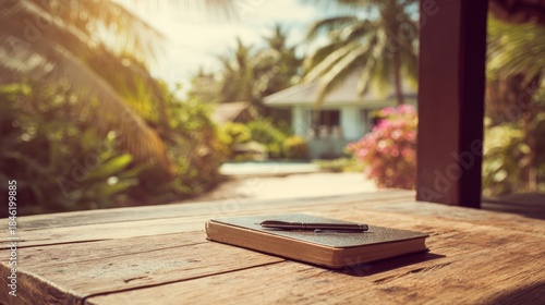 A closed notebook with a pen resting on a rustic wooden table outdoors, with a blurred tropical resort background under warm sunlight and lens flare.