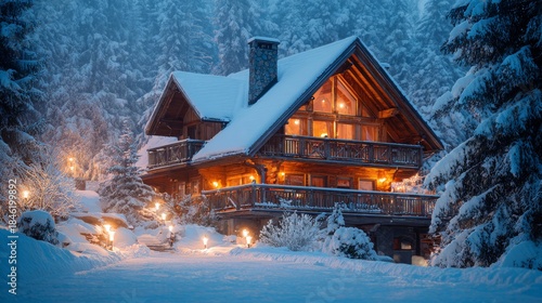 Cozy wooden cabin illuminated at night, covered in fresh snow within a tranquil winter forest landscape.