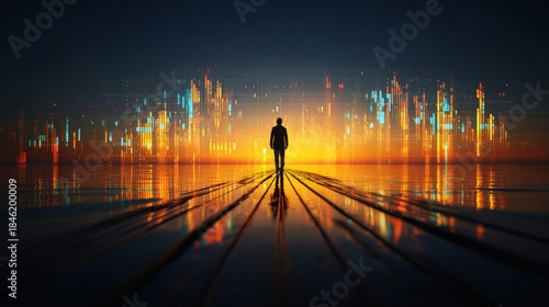 Silhouette of a person walking on a reflective surface towards a glowing abstract digital cityscape, symbolizing technology, data, and future trends.