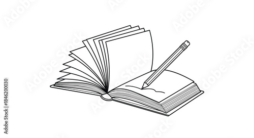 An open book with fanned pages and a pencil actively sketching or writing on one of its pages, symbolizing learning and creativity.