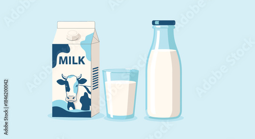 A set of fresh milk products including a carton with a cow illustration, a full glass, and a classic bottle, presented on a light blue background.