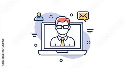 Online professional offering virtual support and communication through a laptop, symbolizing remote assistance and customer service.