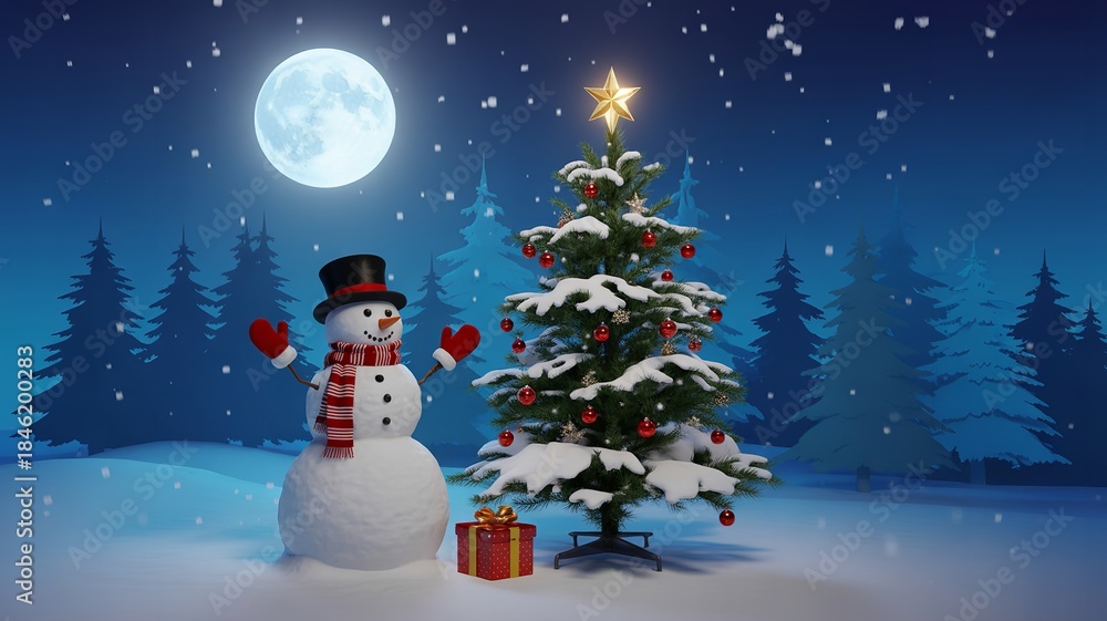 Obraz premium Happy New Year Snowman Christmas Tree Night Winter Celebration Full Moon Background Festive Holiday Landscape Decor
