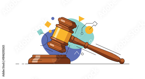 A stylized illustration of a wooden judge's gavel resting on its sound block with an abstract background of colorful geometric shapes, representing law and justice.