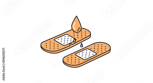 An illustration of two adhesive bandages, one with an orange drop falling onto it and leaking through a small tear, symbolizing injury or vulnerability.