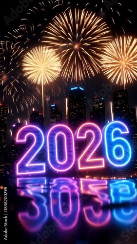 Vertical Neon 2026 New Year Text with Reflection on Wet Surface and Golden Fireworks City Background Animation Motion Video Phone Live Photo Wallpaper Loop Animation