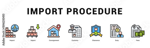 Import Procedure Modern and clean web banner illustration featuring thematic icons for visual communication
