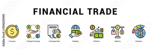 Financial Trade Modern and clean web banner illustration featuring thematic icons for visual communication