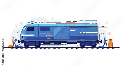 Blue cargo train being loaded and unloaded by workers, representing efficient railway freight transport and logistics services.