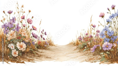 Winding path lined with colorful wildflowers and dry grasses on a white background, rendered in watercolor style.