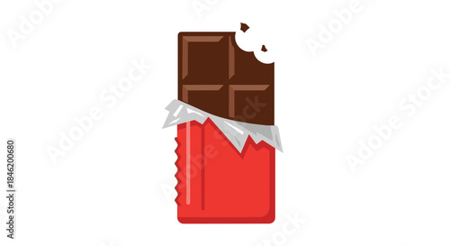 A delicious chocolate bar with a bite taken out, partially unwrapped from its red packaging and silver foil, depicted in a minimalist illustration style.