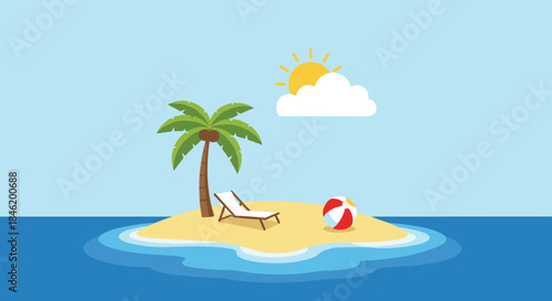 A sunny tropical island scene with a palm tree, beach chair, and beach ball, resting on golden sand surrounded by a tranquil blue ocean.
