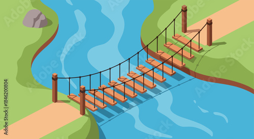 Isometric view of a wooden rope bridge spanning a winding river between lush green banks, with a small rock on the left bank.