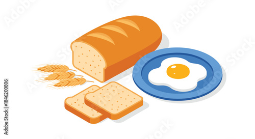Isometric illustration of basic breakfast foods including a loaf of bread, sliced toast, wheat ears, and a fried egg on a blue plate.