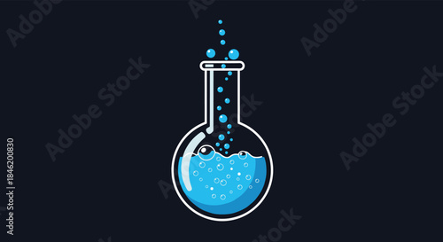 A simple graphic illustration depicts a laboratory flask filled with a vibrant blue liquid actively bubbling, creating a dynamic science experiment visual.