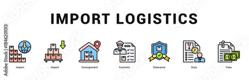Import Logistics Modern and clean web banner illustration featuring thematic icons for visual communication