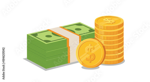 Stack of green paper money and golden coins symbolizing finance, banking, and wealth accumulation.