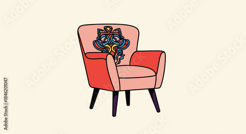 A charming and cozy pink and red armchair featuring an intricate, colorful abstract design on its backrest, presented in a minimalist cartoon illustration style.