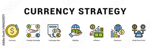 Currency Strategy Modern and clean web banner illustration featuring thematic icons for visual communication