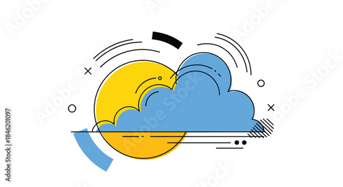 A stylish minimalist illustration depicting a sun partially obscured by a blue cloud, with abstract geometric shapes and lines.