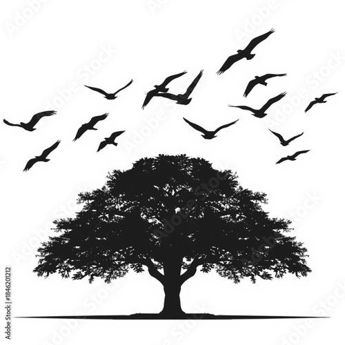 Silhouette of a large oak tree with a flock of birds flying above