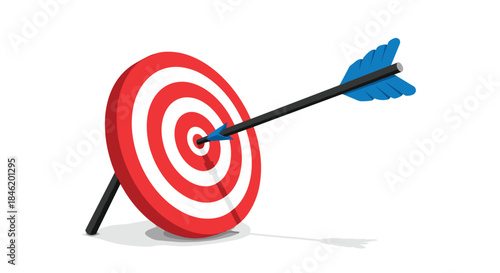 An arrow hits the bullseye of a red and white target, symbolizing success, achievement, and hitting the mark.
