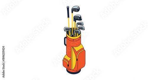 Isometric cartoon illustration of a vibrant orange golf bag with yellow details, holding multiple golf clubs, depicted against a plain white background.
