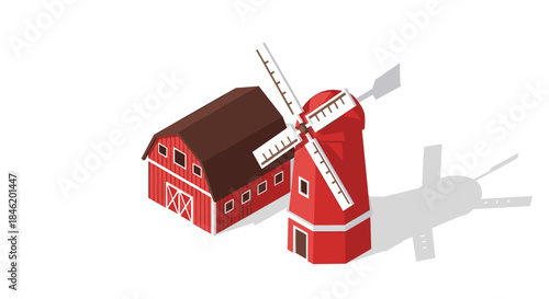 Isometric illustration of a charming red barn and a classic red windmill standing side-by-side on a white background, casting soft shadows.