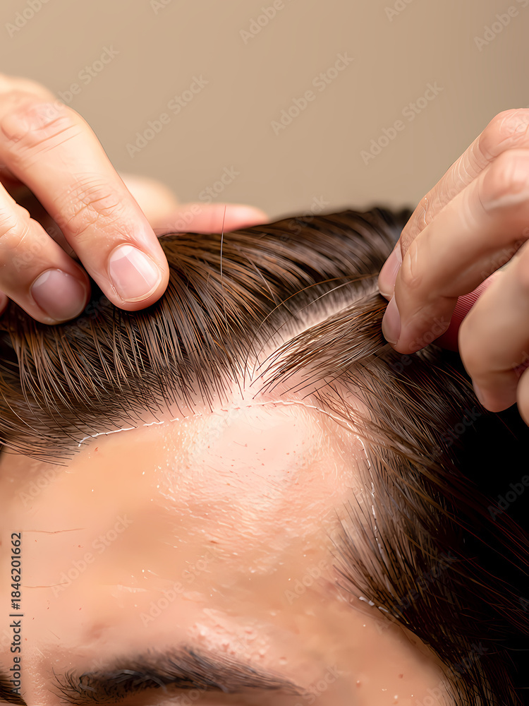 Fototapeta premium Man examining his thinning hairline with hands in indoor setting 