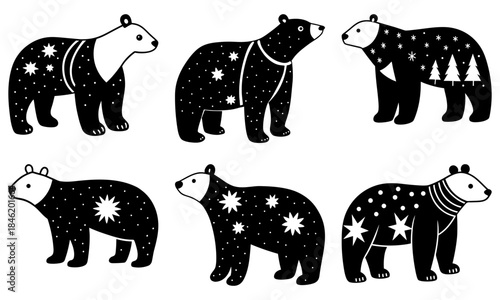 Five black bears with white stars and snowflakes on white background