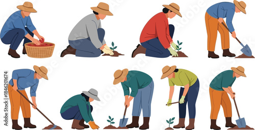 Farmers Working in the Field Collection of Agricultural Activities and Planting