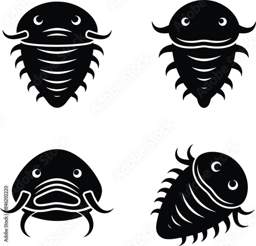 Stylized black and white prehistoric trilobite fossil set vector icon design for ancient marine life and paleontology graphic element.