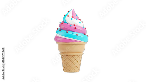 Colorful Swirl Ice Cream Cone on White Background