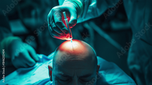 Man undergoing hair restoration procedure in medical facility  