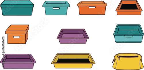 Assorted Colorful Storage Containers and Zippered Pouch Keywords: storage box, container, plastic container, food container, bin, basket, lid