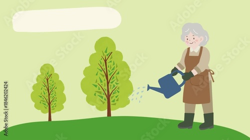 The animated illustrations depict various activities for seniors, such as meditation, gardening, reading, pet care, exercise, singing and dancing, learning, and using computers.