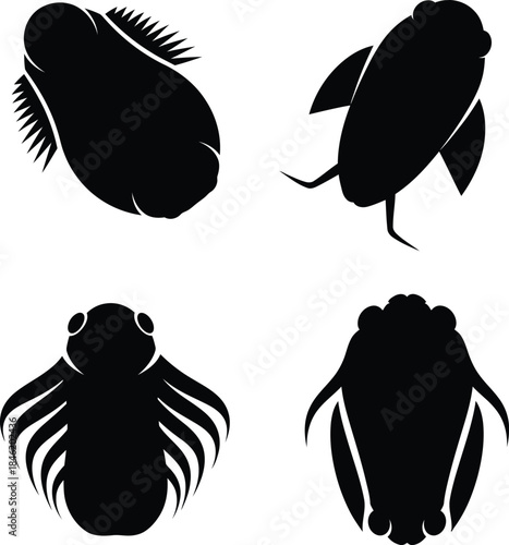 Four different black and white silhouettes of fictional, alien, or deep-sea aquatic creatures, representing diverse invertebrate lifeforms.
