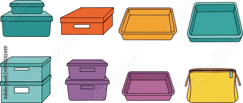 Assortment of colorful storage boxes and containers with lids and zipper bag Keywords: storage, boxes, containers, lids, zipper bag, organization