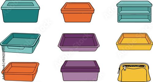 Assortment of nine colorful storage containers and a pouch vector illustration