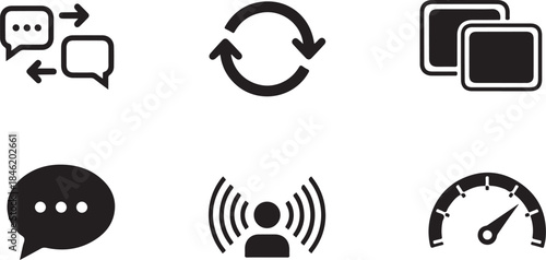 Collection of black and white icons for communication and digital interaction chat speech bubbles