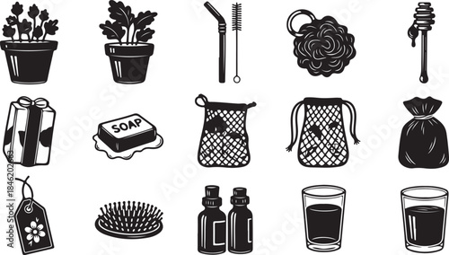 Collection of black and white icons representing eco-friendly and home items plant seedling