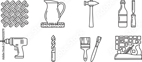 Collection of Outline Icons Representing Tools and Patterns Keywords: weaving pattern, basket weave, jug, pitcher, water jug, pitcher with handle