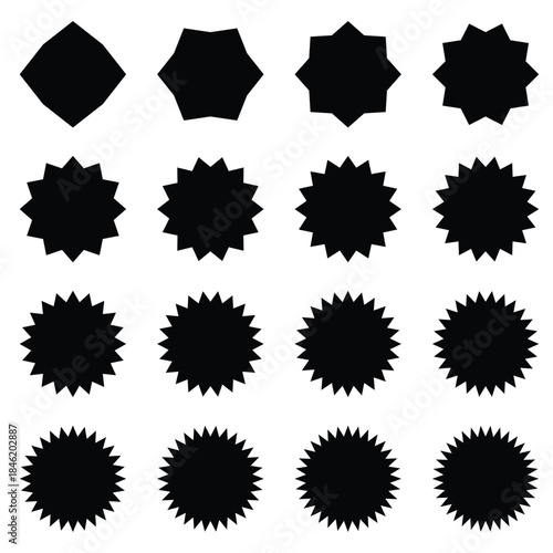 High-quality abstract starburst and spiky geometric shapes vector collection. Black silhouette burst forms arranged in grid composition. Suitable for branding, labels, stickers, promotional graphics.