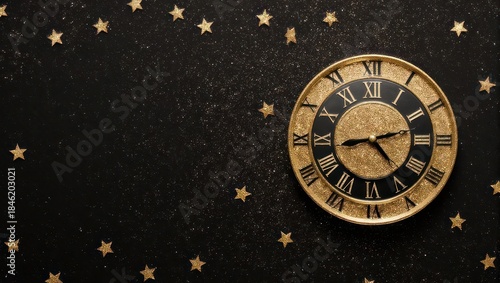 Antique golden clock face with Roman numerals, surrounded by small gold stars on black background