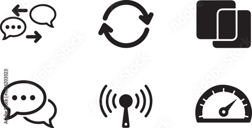 Communication sync and data icons with speed gauge vector illustration