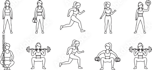Female fitness icons showing exercise with weights and ball vector illustration