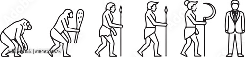 Line art illustration of human evolution from ape to modern man primate prehistoric man